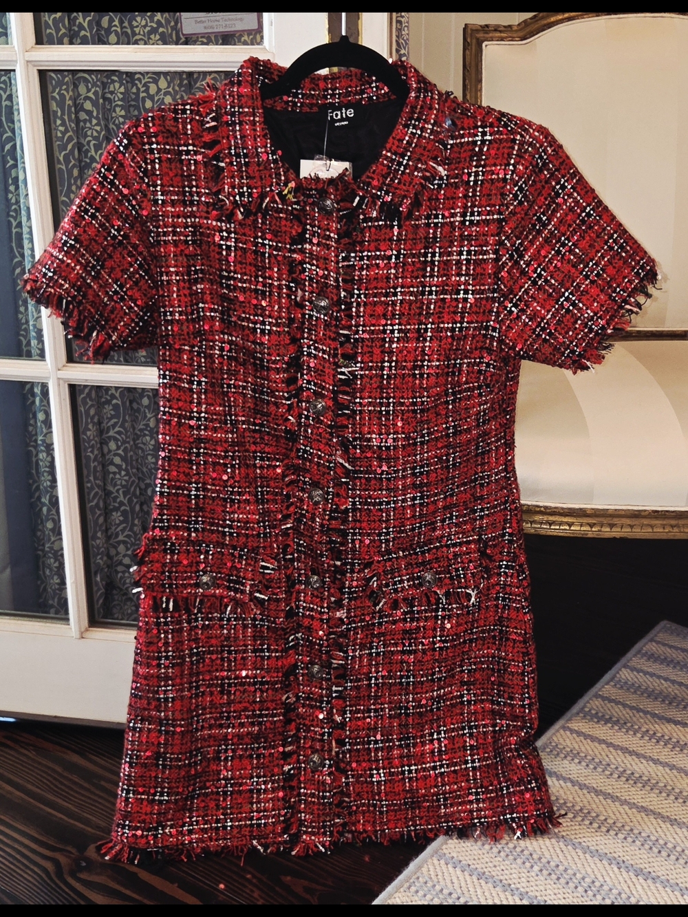 Fate Red Tweed Short Sleeve Shift Dress